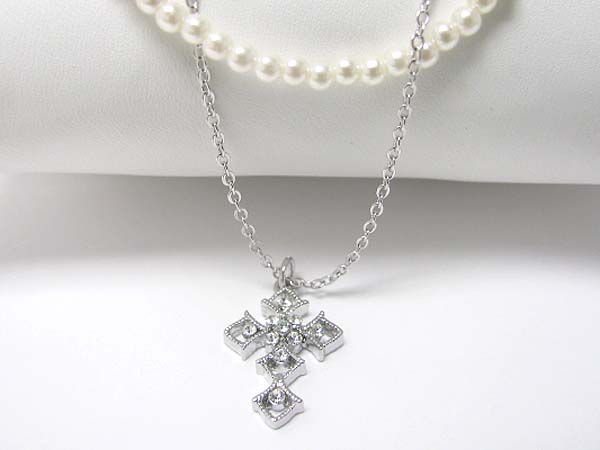 Made in korea whitegold plating crystal stud smallcross pendant and pearl and metal dual chain necklace