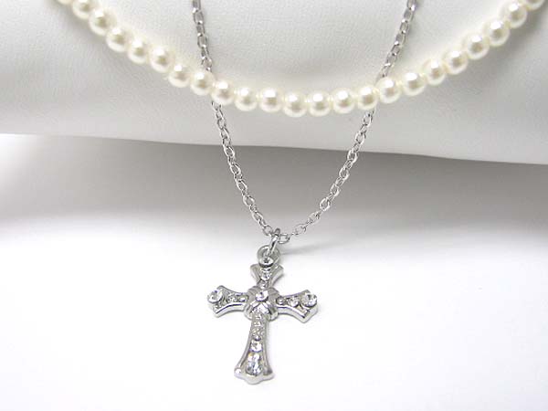 Made in korea whitegold plating crystal stud smallcross pendant and pearl and metal dual chain necklace