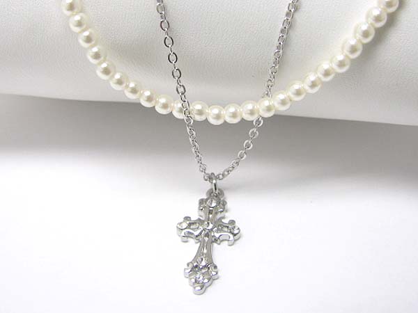 Made in korea whitegold plating crystal stud smallcross pendant and pearl and metal dual chain necklace