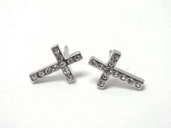 Made in korea whitegold plating crystal stud small cross post earring