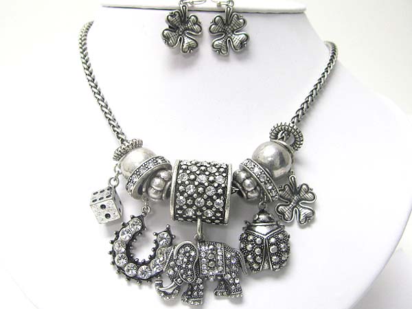 Crystal stud chunky metal beads and lucky charm necklace earring set