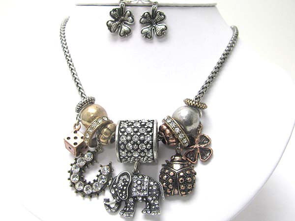 Crystal stud chunky metal beads and lucky charm necklace earring set