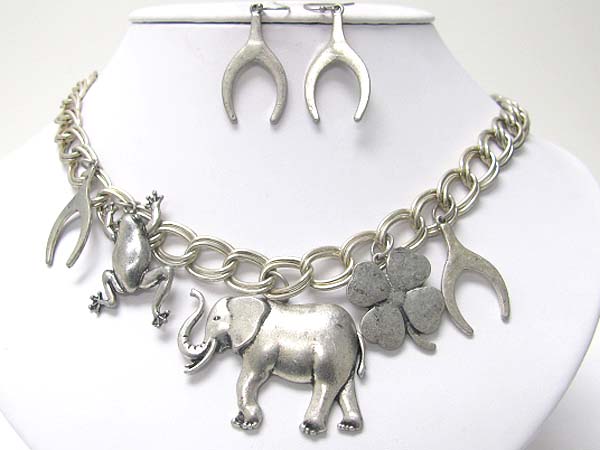 Chunky metal chain and lucky charm necklace earring set