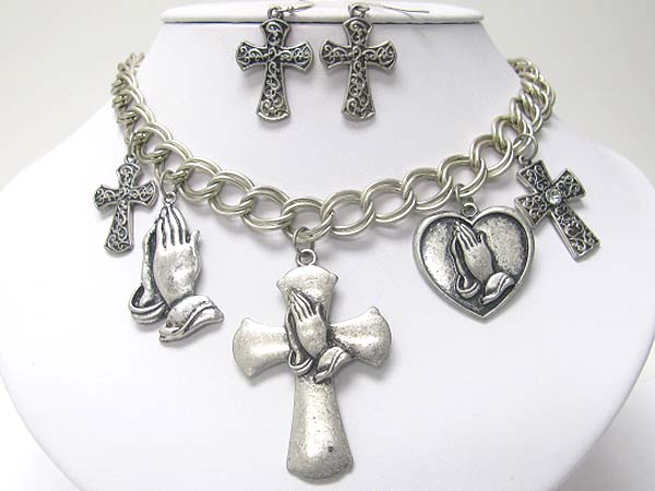 Chunky metal chain and prayer theme charm necklace earring set