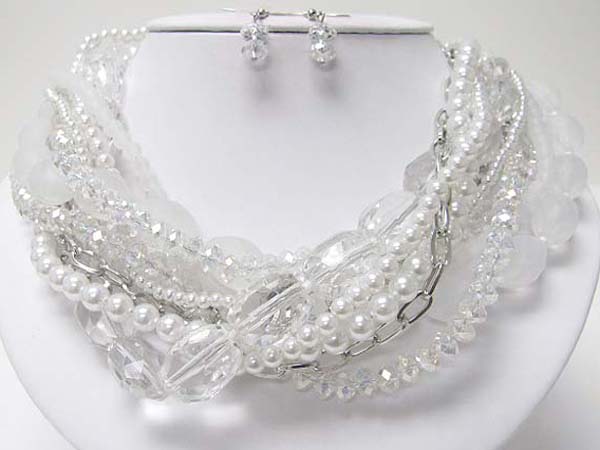 Multi strand mixed icy beads necklace earring set 