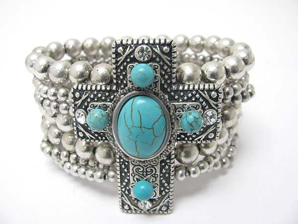 Turquoise cross multi row metal ball stretch bracelet