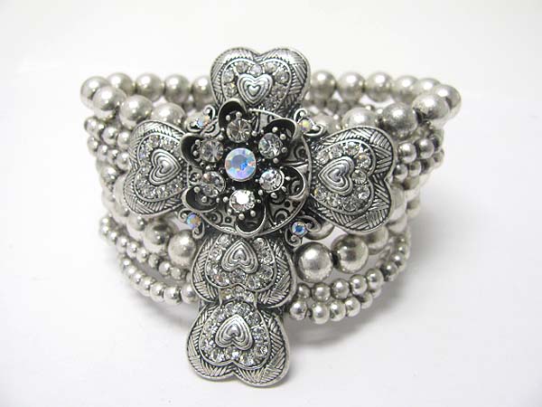 Crystal stud cross multi row metal ball stretch bracelet