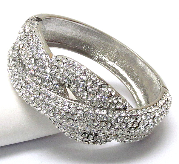 Crystal pave triple metal band deco hinge bangle