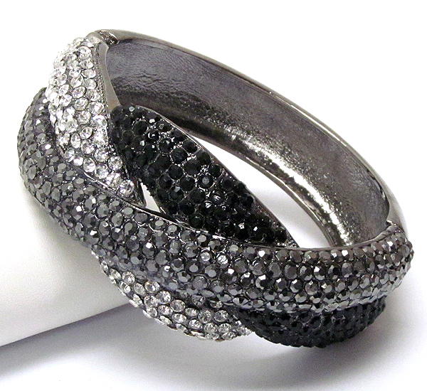 Crystal pave triple metal band deco hinge bangle