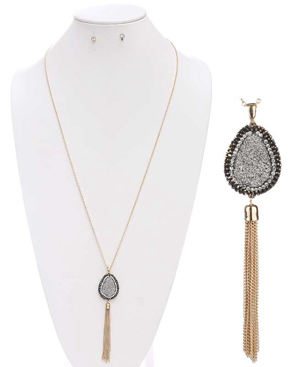 Druzy and crystal teardrop and fine chain tassel long necklace set