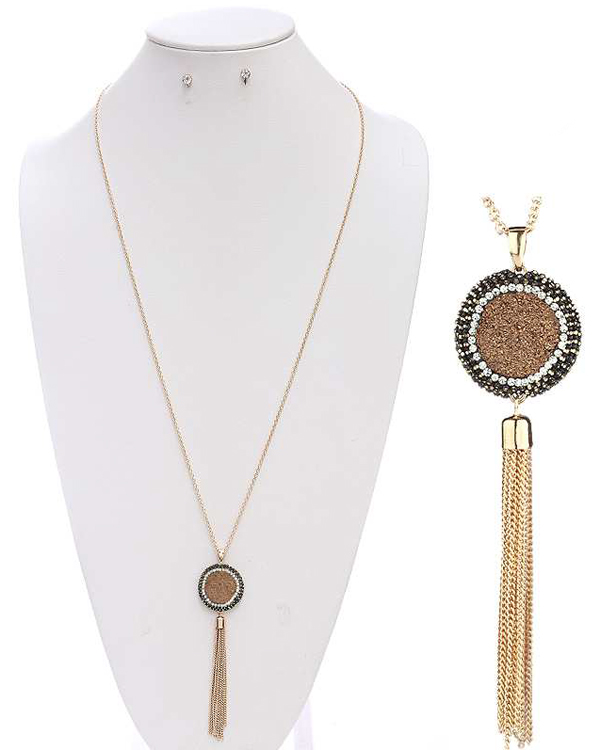 Druzy and crystal disk and fine chain tassel long necklace set