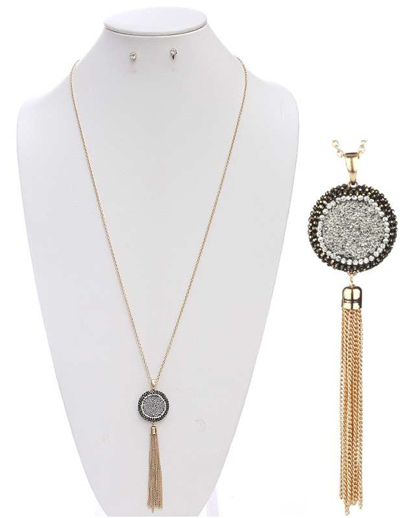 Druzy and crystal disk and fine chain tassel long necklace set