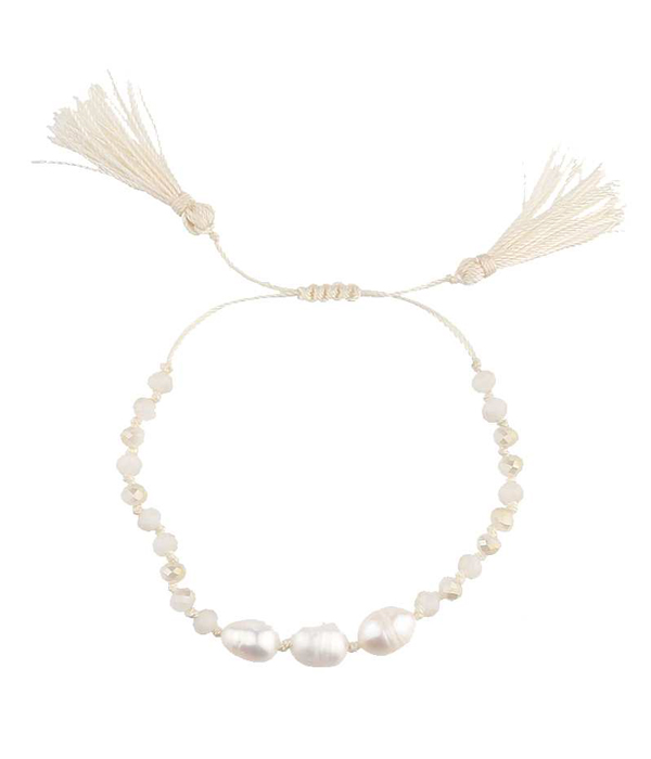 Freshwater pearl and tassel pull tie bracelet