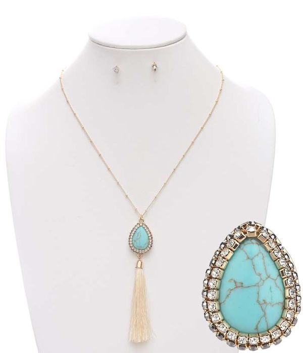 Turquoise and crystal teardrop and tassel necklace set