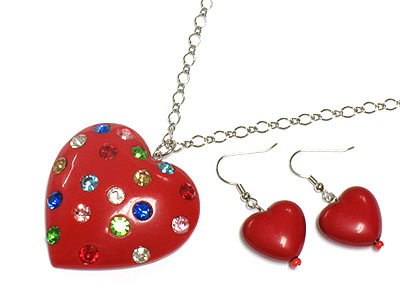 Multi color crystal stud acryl heart necklace and earring set