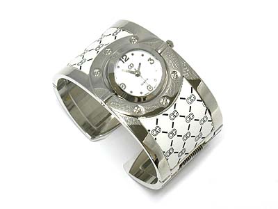 Designer style wide metal bangle watch - spinning face 