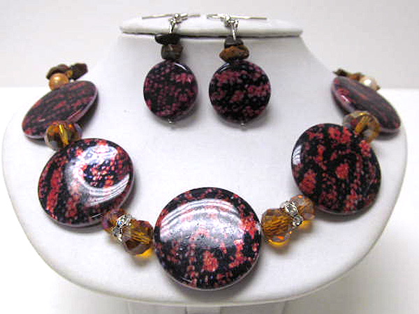 Multi seed beads and chip stone drop with round print snake skin shell disk necklace earring set 