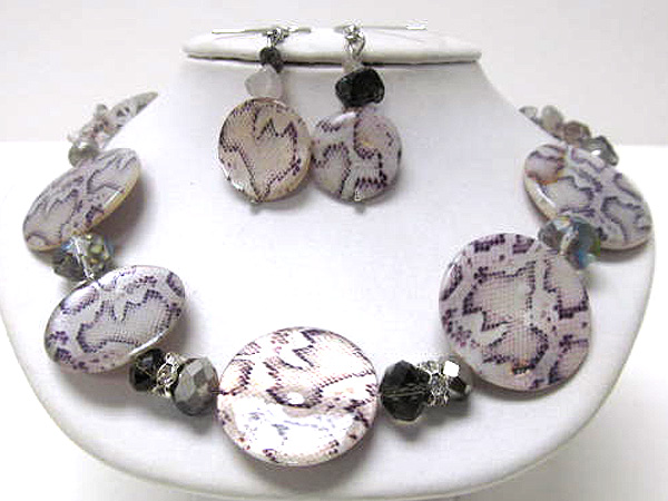 Multi seed beads and chip stone drop with round print snake skin shell disk necklace earring set 