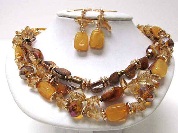 Shell stone and glass stone with seed beads chain necklace earring set