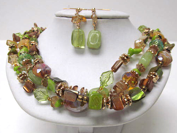 Shell stone and glass stone with seed beads chain necklace earring set