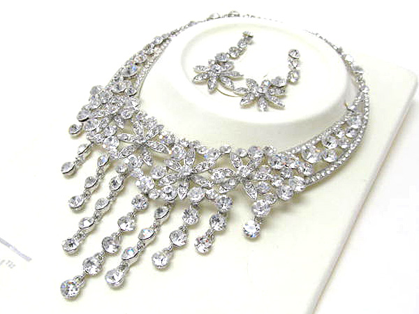 Luxurious austrian crystal four flowers with drop crystal line party necklace earring set