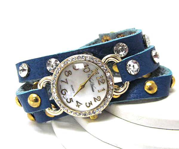 Crystal face and crystal on leather wrap watch