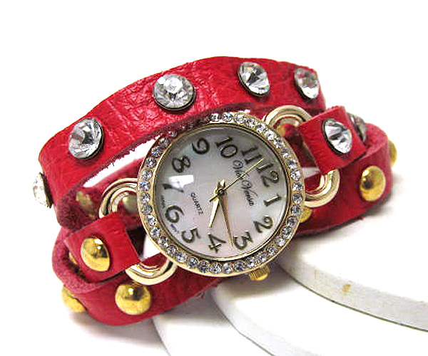 Crystal face and crystal on leather wrap watch