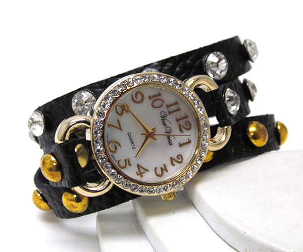 Crystal face and crystal on leather wrap watch