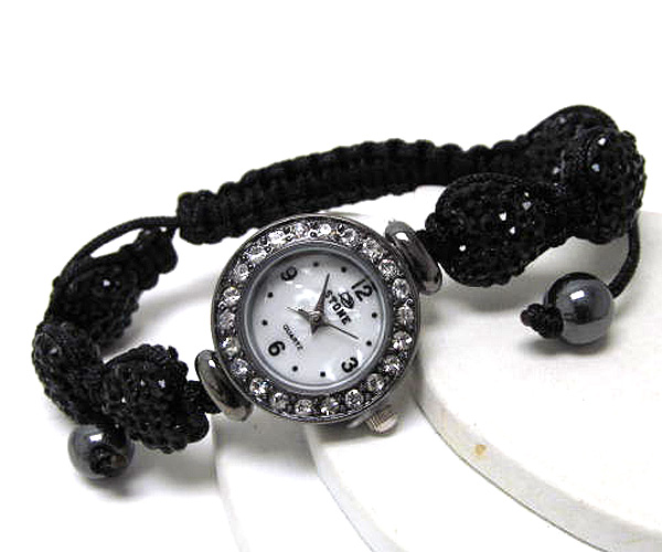 Crystal heart braided with cord fashion round crystal face watch stretch bracelet