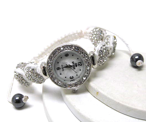 Crystal heart braided with cord fashion round crystal face watch stretch bracelet