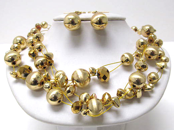 Multi crystal glass and multi metal balls three row necklace earring set