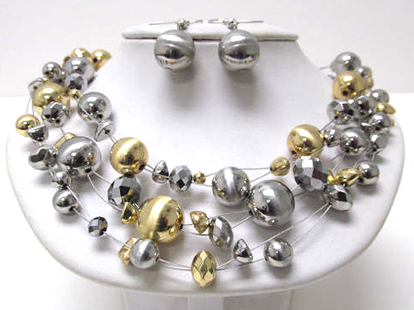 Multi crystal glass and multi metal balls three row necklace earring set