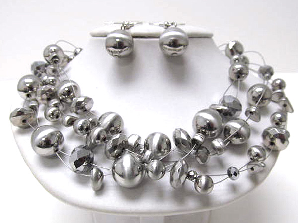 Multi crystal glass and multi metal balls three row necklace earring set