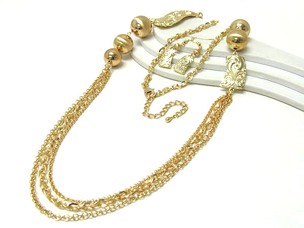 Metal balls and two metal shape filigree drop with multi long chain necklace earring set