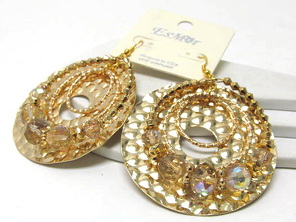 Metal hammerd disc with multi ring and crystal glass fashion drop earring