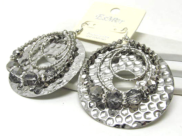 Metal hammerd disc with multi ring and crystal glass fashion drop earring 