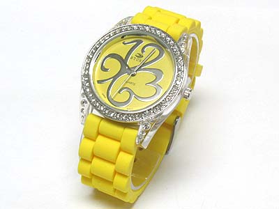 Crystal round face and art dial design rubber band watch