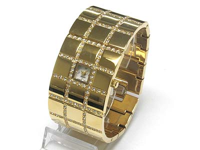 Crystal deco wide metal band watch