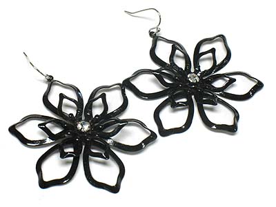 Crystal centered enameled metal flower earring