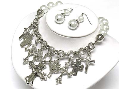 Multi cross dangle glass pearl ball and chain necklace set