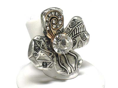 Crystal deco two tone metal filigree flower ring - adjustable size