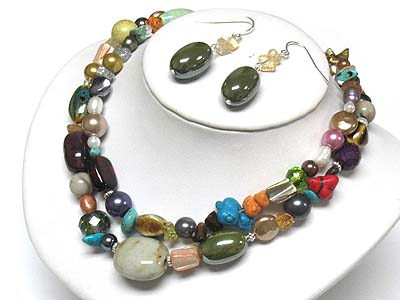 Multi glass beads double strand neckalce and earring set