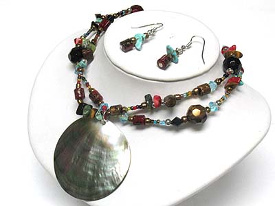 Abalone round pendant and multi beads long necklace set