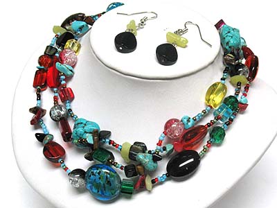 Multi strand turquoise and multi beads necklace and earring set