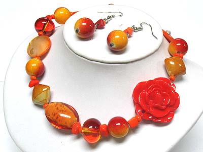 Flower accent ceramic ball link necklace and earring set