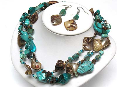 Multi strand turquoise and multi beads necklace and earring set