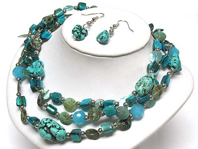 Multi strand turquoise shell and multi beads necklace and earring set