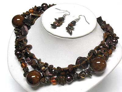 Multi strand natural stone and ceramic ball link necklace and earring set