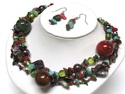 Multi strand natural stone and ceramic ball link necklace and earring set