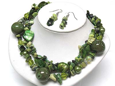 Multi strand natural stone and ceramic ball link necklace and earring set